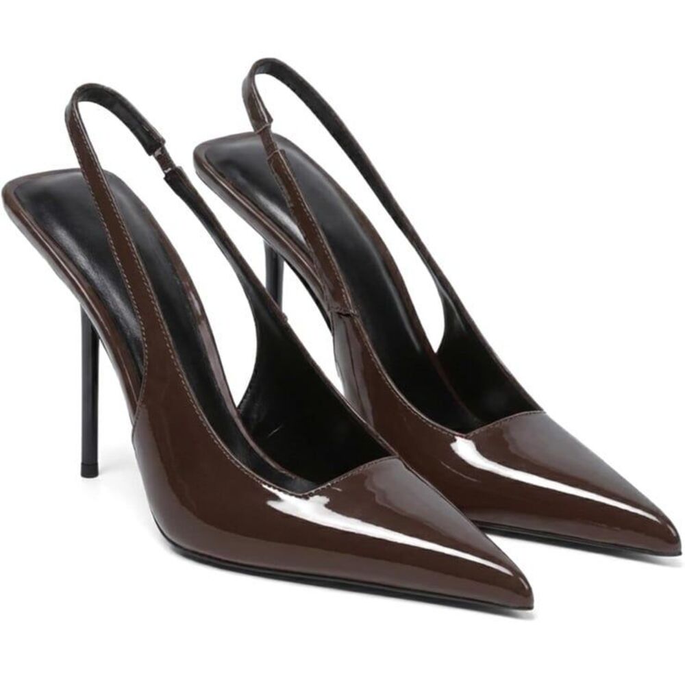 Chocolate Slingback Stiletto Pointed Toe Heels Sz 6 4inch Heel